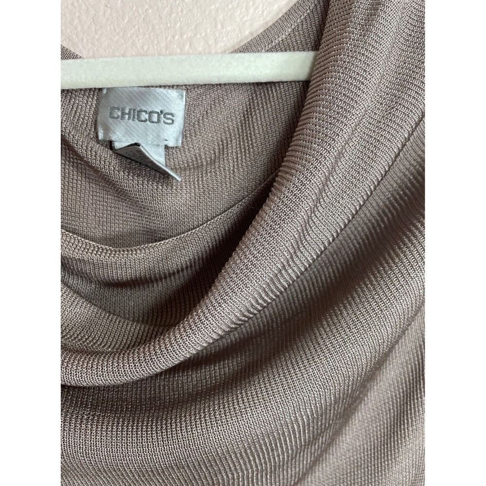 Chico's Size 2 Taupe Metallic Cowl Neck Knit Top Short Sleeve Rayon Blouse - Picture 8 of 9